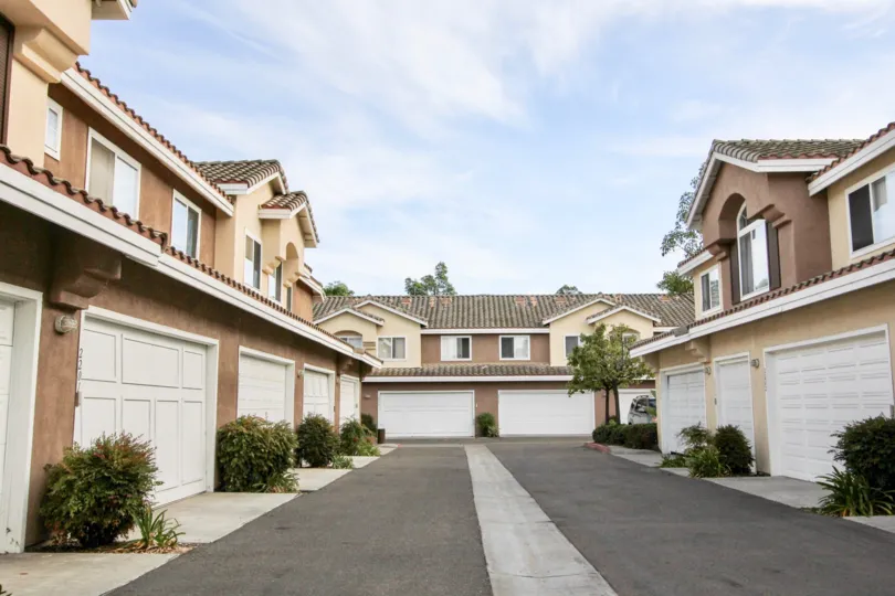 The driveway and garages to apartments at Cabo Bahia in Chula Vista, Ca.