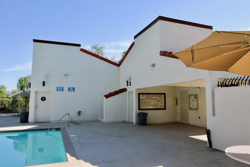 The pool house building and pool side at Charter point in Chula Vista, Ca.