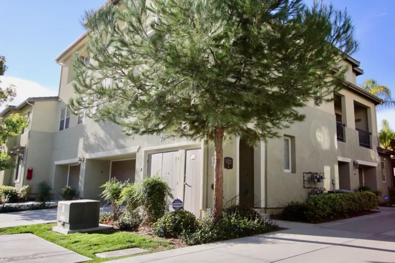 a proud tree with some bushes around it, a houses greenery, house itself looks sophisticated