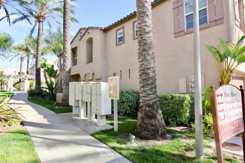 Chula Vista, California apartment mailboxes in the Gold Rush community on a sunny day.