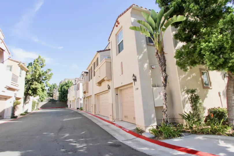 Many white color garage buildings in the Silver Sage neighborhood.