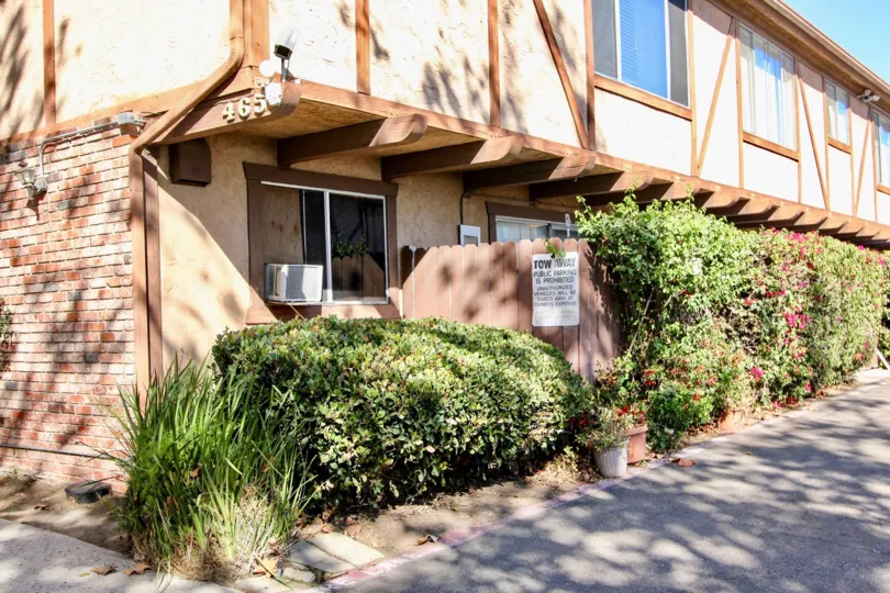 A sunny day in the area of Skyview, potted plants, bushes, flowers, sidewalk, wooden fence