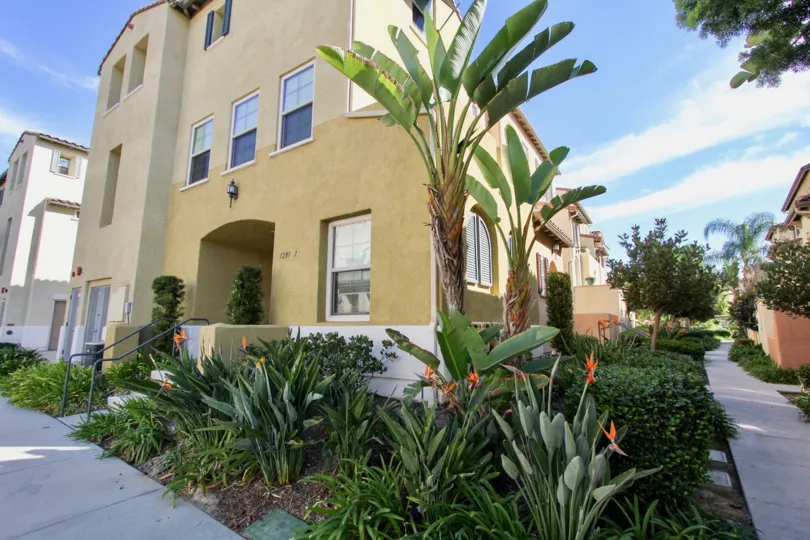 Sunny day side view with entry door and walkway, Stetson Community, Chula Vista, CA