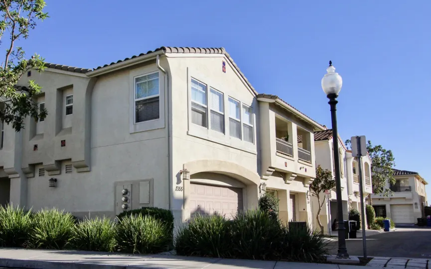 A glimpse back from the street at the beautiful homes in the Tivoli Villas Community in Chula Vista, CA