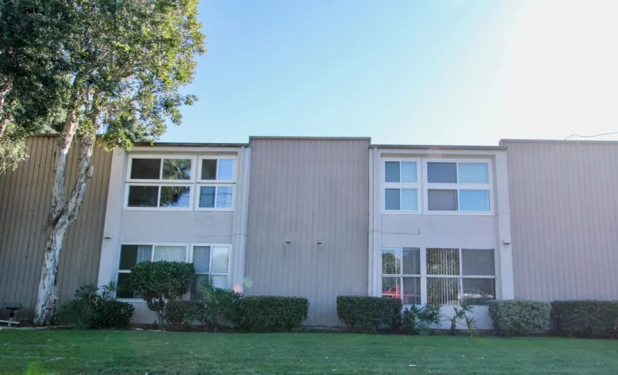 A sunny day in the area of Villa Campestre, outside, tree, windows, condos, bushes, grass