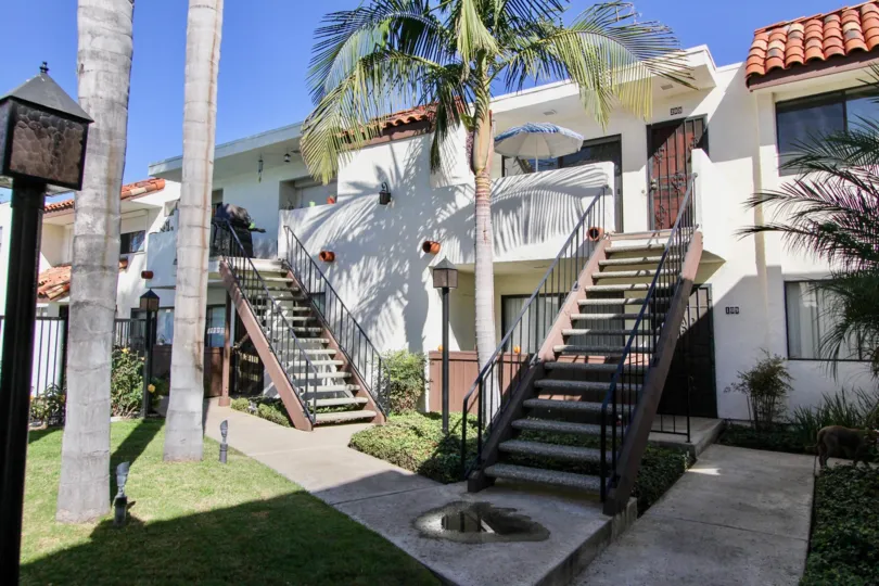 A sunny day in the area of Villa Hermosa, stairs, palm trees, outside, sidewalk, umbrella, light post