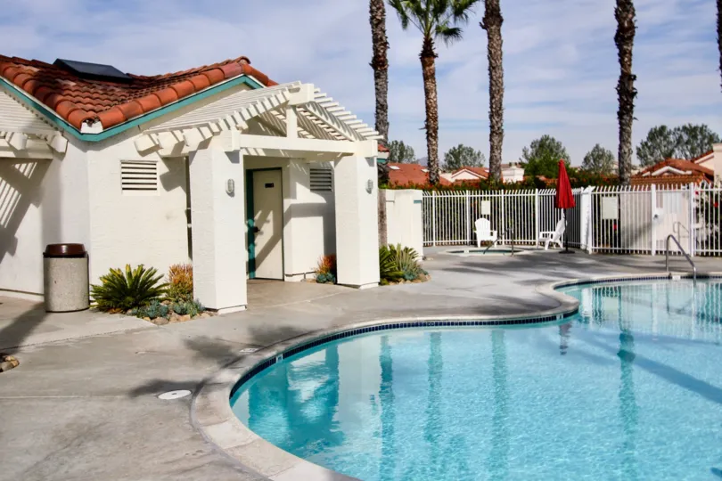 Beautiful sunny day of a backyard and pool in Villa Palmera, CA