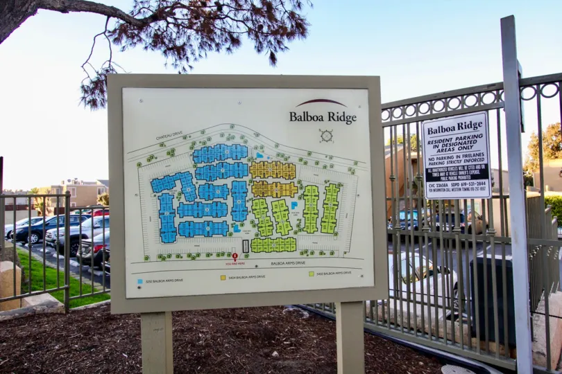 Entrance sign near metal fence at Balboa Ridge in Clairemont Mesa California