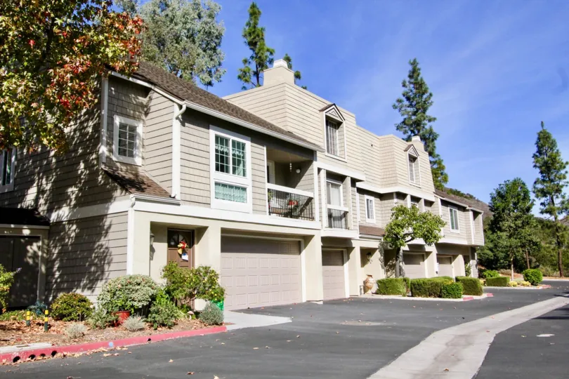 Drive and residential building with built in garages at Canyon Haven in Clairemont Mesa california