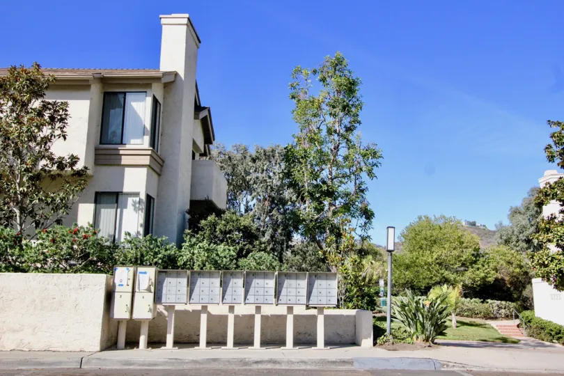 Mail boxes in front of Residential building that is surrounded by street at Canyon Rim in Clairemont Mesa California