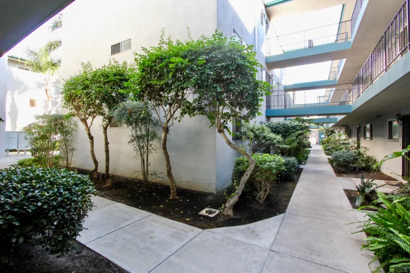 Walkways between housing units at Cole Manor in Clairemont Mesa California