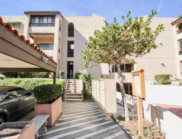 Four story housing units with stairway at Costa Viva in Clairemont Mesa California