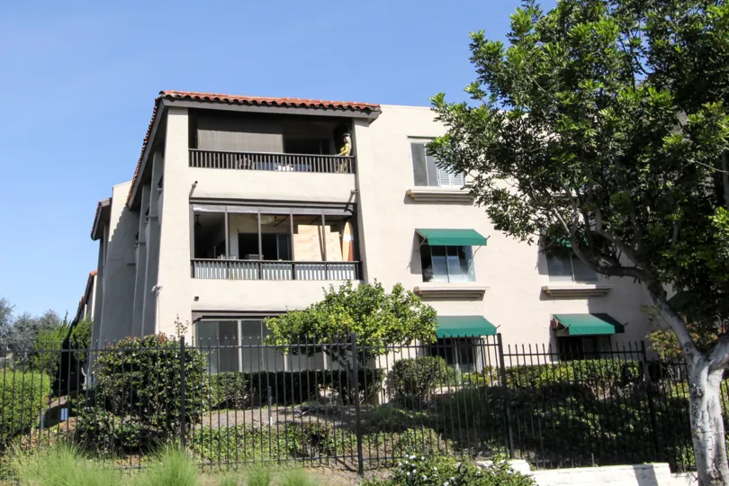 Costa Viva  ,Clairemont Mesa ,California,white building,black fence,