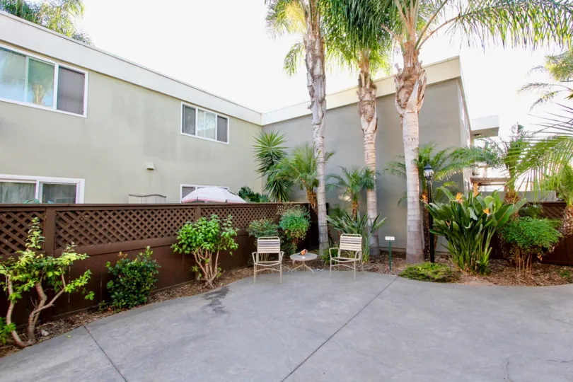 Heritage Park West community Clairemont Mesa California palm trees landscaping plans patio umbrella windows fence