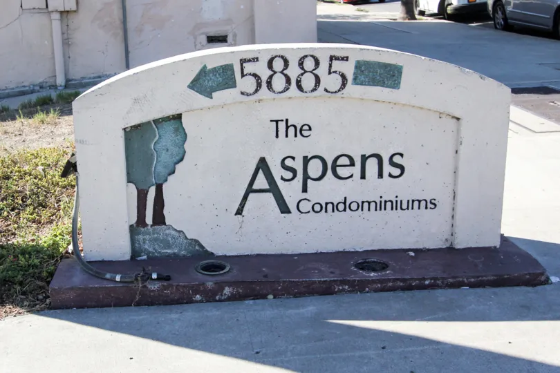 Sign for 5885 of The Aspens Condominiums located within the Aspens community area of College Area, California