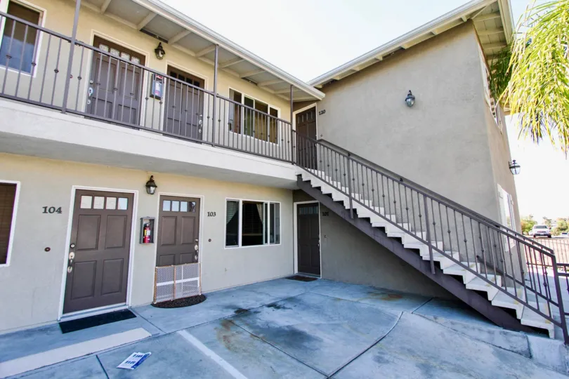 Stairway in front of a two story residential building at Bella Vista in College Area California