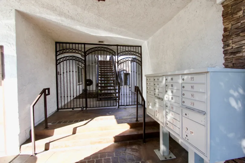 Mailboxes next to security entrance at Blossom Park in College Area California