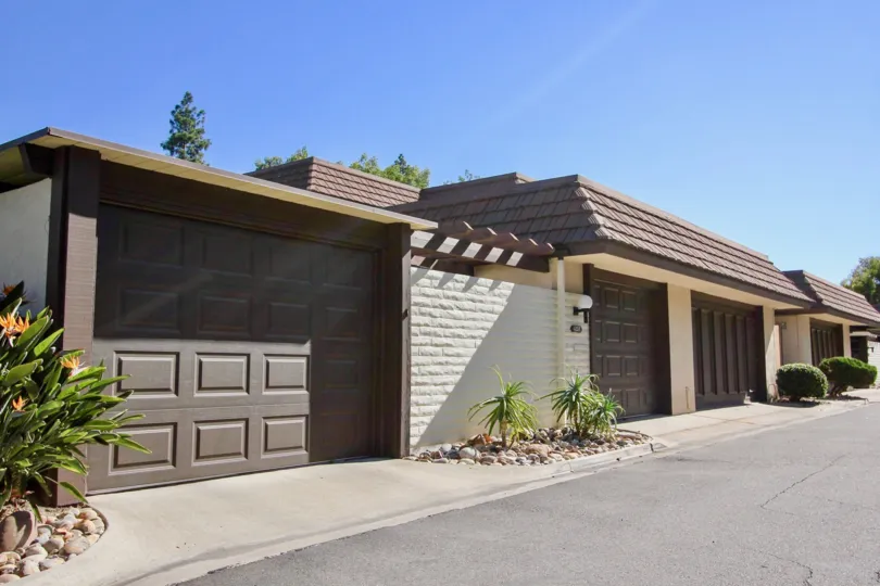 View of garages and landscaping at Collwood Park in College Area, California