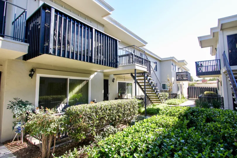 Colonial House  ,: College Area  , California, plants, black stair case, sunny