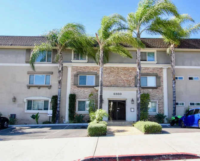 Courtyard at College, College Area, CA. View of main entrance, flanked by palms and shrubs.