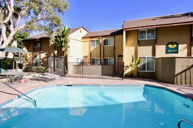 Swimming pool below residential building at Lake Park Villas in College Area California