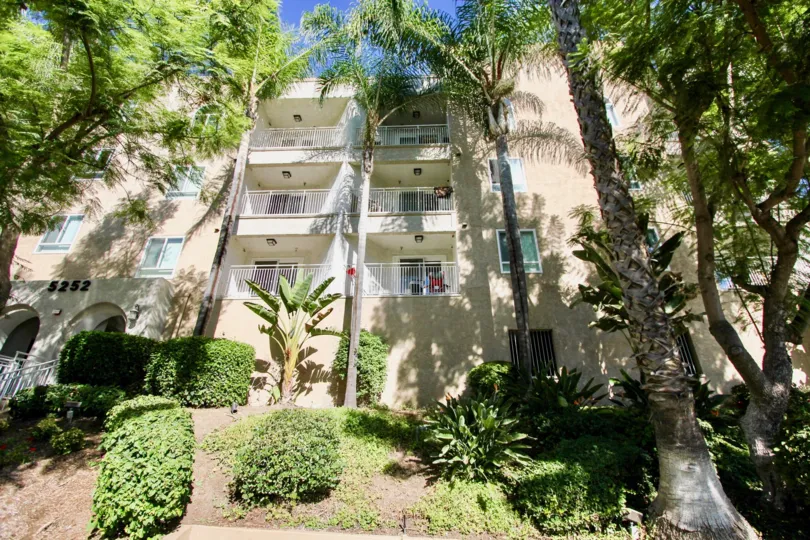 a sunny day in the parkridge with a three story building that has tall tree in front of it