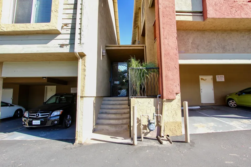 Stairway leading between two residential buildings at Saranac Villas in College Area California