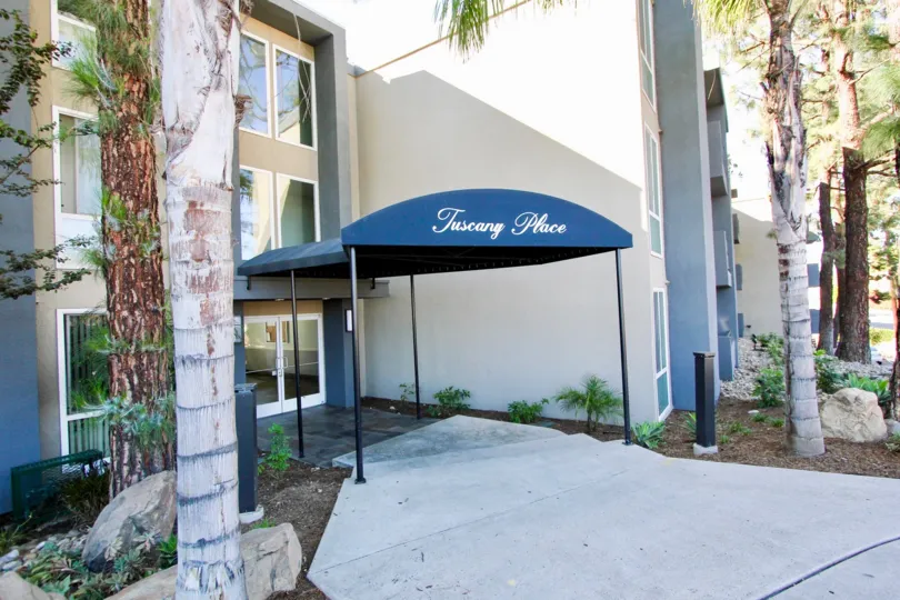 Canopy near front entrance of residential building at Tuscany Place in College Area California