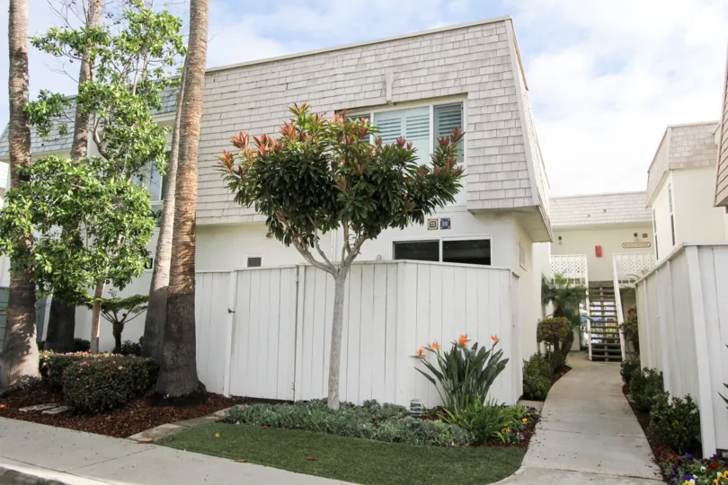 Antigua Court Coronado California house large palm trees and road walk