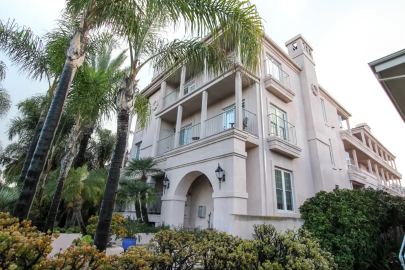 A suuny day in Harborside Court has tall trees, bushes and plants with flowers