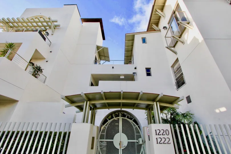 The front of a beautiful residence in The Village in Coronado.