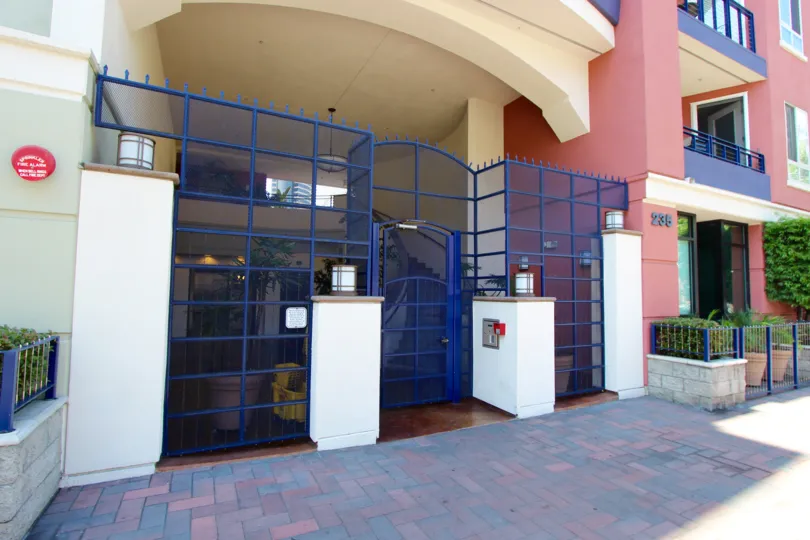The safe and secure gated entry to the building at 235 Market in downtown San Diego, CA