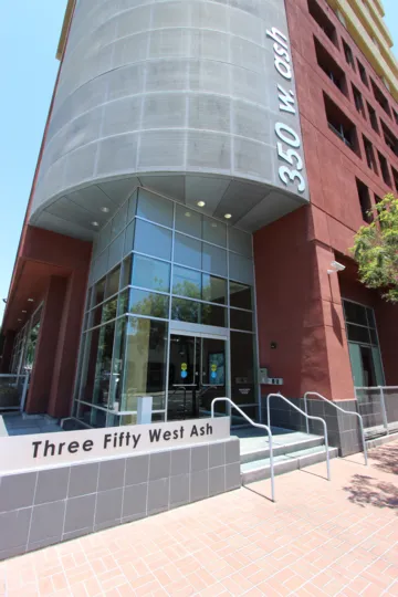 A beautiful day looking back towards the main entrance of the community at 350 West Ash in Downtown San Diego, CA