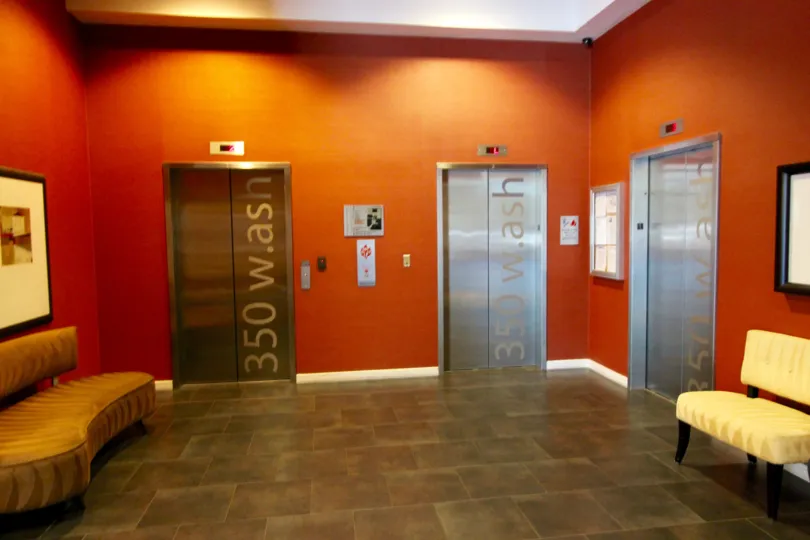 Bright and modern elevator bay at 350 West Ash in Downtown San Diego, California.