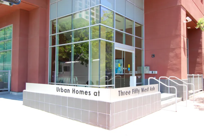 Glass entryway of Urban Homes at 350 West Ash, Downtown San Diego, California