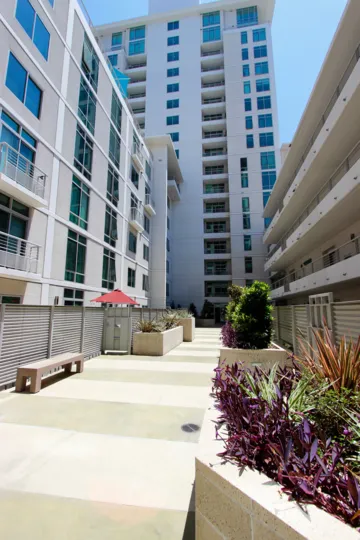 A sunny day in the area of Acqua Vista, high rise condos, balconies, windows