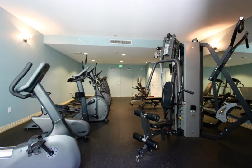 Exercise equipment in the gym in the Alicante community in downtown San Diego, CA.