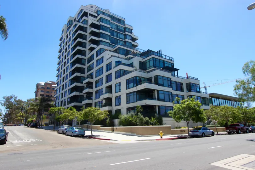 Breathtaking streetview of the unique Alicante building in Downtown San Diego, California.