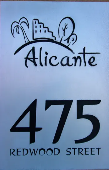 Sign for Alicante with address or 475 Redwood Street and logo