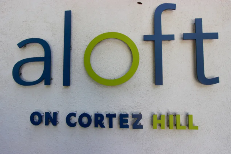 Colorful sign of Aloft in Downtown San Diego California