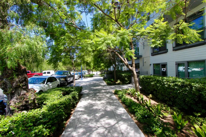A sidewalk view of Aloft with green trees and bushes in downtown San Diego, California