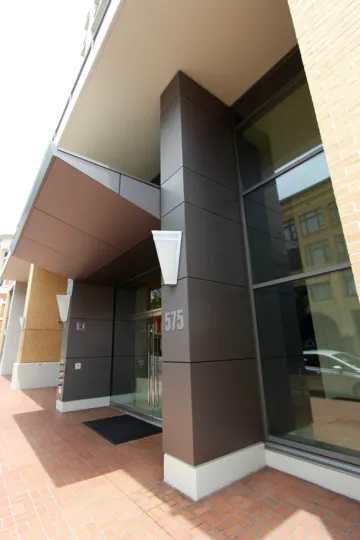 Modern, clean front entrance of a building in the Alta neighborhood of San Diego, CA