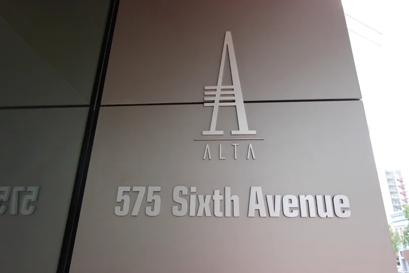 The logo and address of Alta in downtown San Diego, CA.