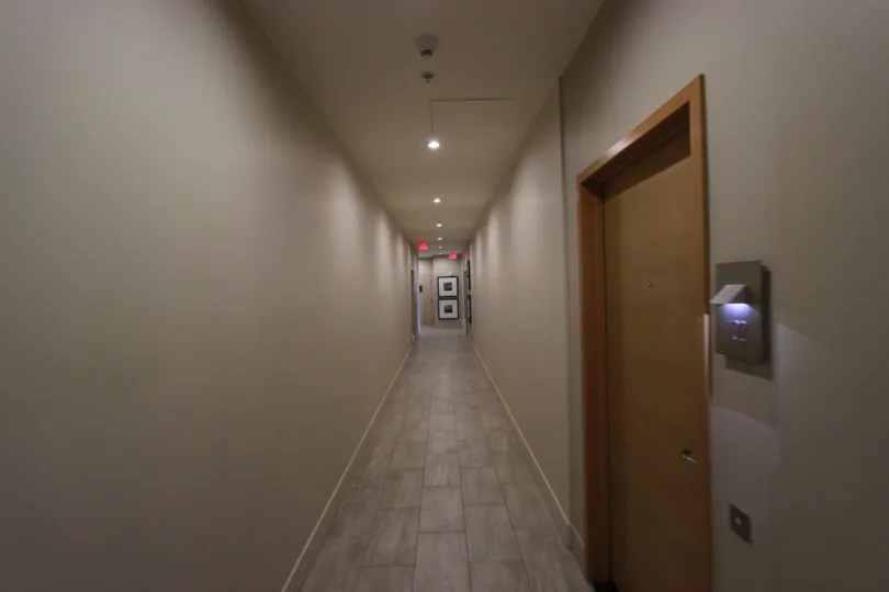 Narrow corridor in front of the entrance door with nice tiles in Aria.
