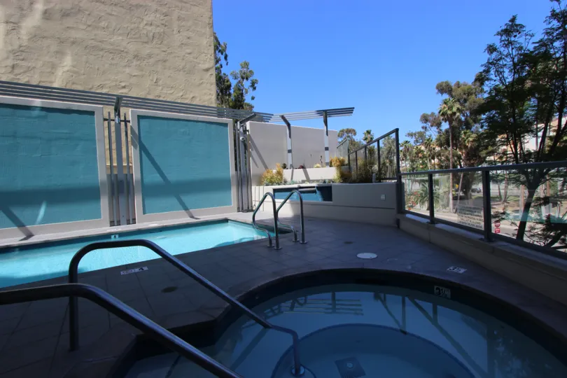 This is the Hotel swimming pool that aside trees were planted, in Downtown San Diego CA