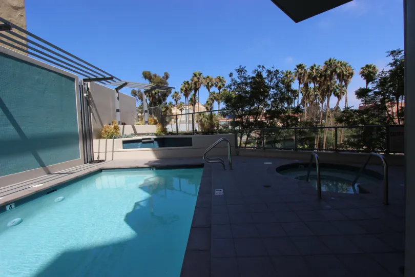 Large blue pull & hot tub inside the Aria community in downtown San Diego CA