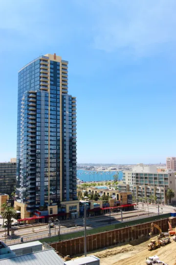 A tall glass building in the Bayside community in Downtown San Diego Downtown San Diego California.