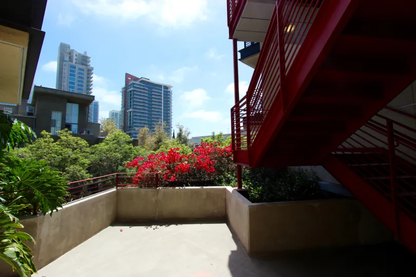 Red steps on a building in Bella Via Downtown San Diego CA.