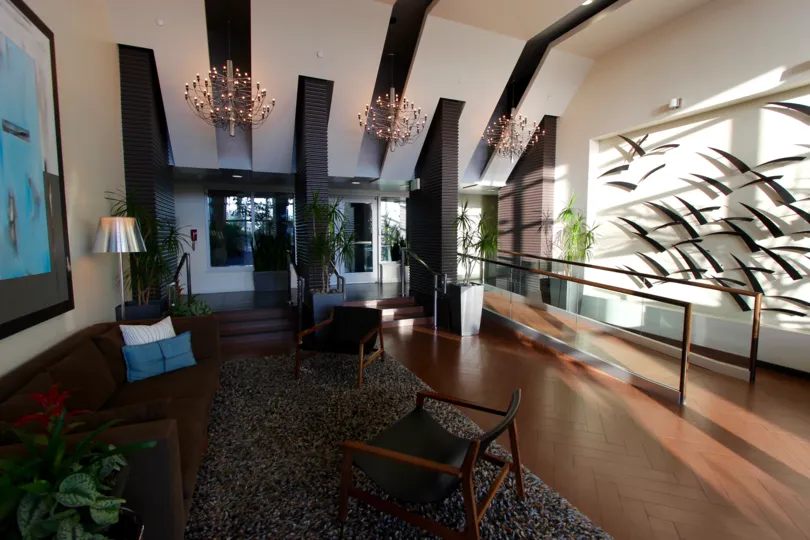 Furniture and wall art in the lobby of Breeza in downtown San Diego, CA
