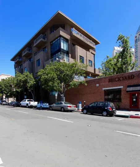 Tall & odd shaped residential buildings at brickyard in Downtown San Diego CA